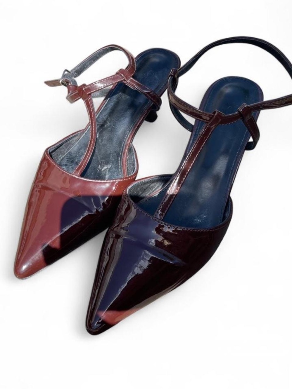 Patent Leather Pointed-Toe T-Strap Kitten Heels - Brown